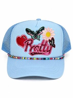 Embroidered Blue Trucker Hat with Beaded‎ Detail Pretty